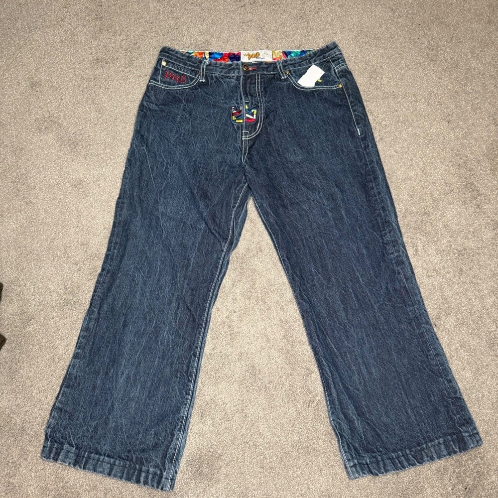 PNB Nation Jeans Mens Size 36 Denim Colorful Embroidered Crown Y2K Wide Leg